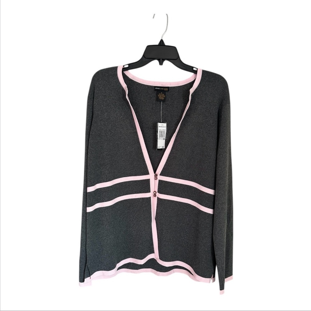 Gray and Pink Cardigan Sweater with Geometric Trim
